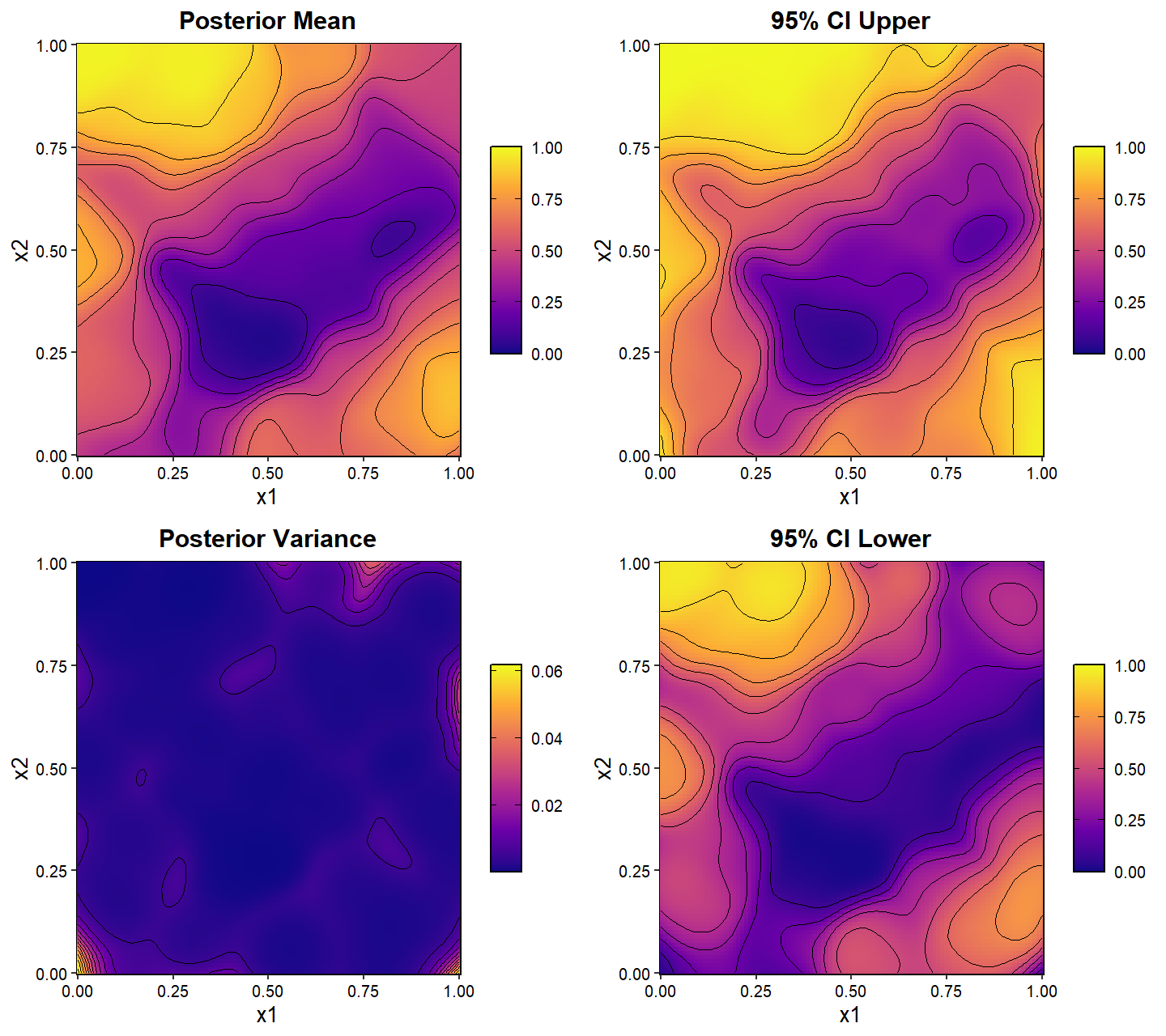 BKP posterior summaries for a two-dimensional binomial probability surface.