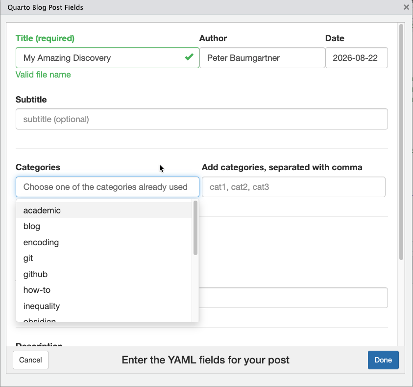 Dialog windows shows input field for title, author, date and subtitle